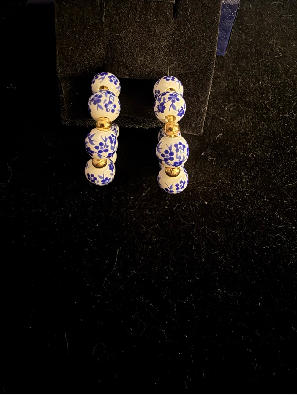Blue porcelain Floral Bead Gold Accent Hoop Earrings - Women Jewelry
